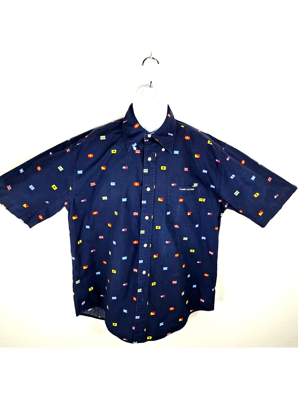 Vintage Tommy Hilfiger Navy Blue Sailing Nautical Flags Button Up Shirt Coastal